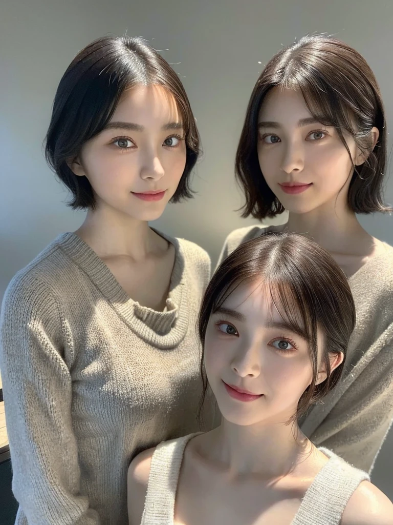 (masterpiece:1.3), (8k, Photoreal, Raw photo, best image quality: 1.4), Japanese high school girl、(random hairstyle:1.2)、cleavage:1.5、super detail face、eye for details、double eyelid、chest to chest、sharp focus:1.2、Beautiful woman:1.4、light brown hair、highest quality、masterpiece、超A high resolution、(Photoreal:1.4)、Highly detailed and professionally lit smiles、loose and light knitwear、shoulder out、thin、serious expression、short haired、deadly position
similar identical twins
All the girls have the exact same face, The two have the same face and figure, as if they were mirror images.
