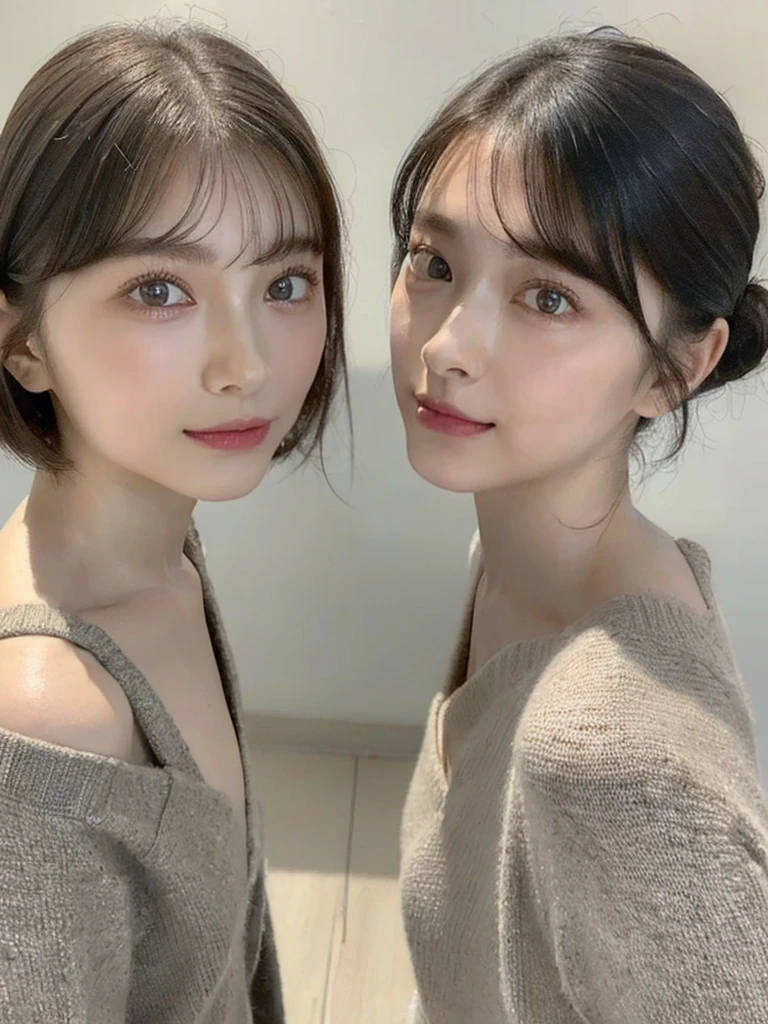 (masterpiece:1.3), (8k, Photoreal, Raw photo, best image quality: 1.4), Japanese high school girl、(random hairstyle:1.2)、cleavage:1.5、super detail face、eye for details、double eyelid、chest to chest、sharp focus:1.2、Beautiful woman:1.4、light brown hair、highest quality、masterpiece、超A high resolution、(Photoreal:1.4)、Highly detailed and professionally lit smiles、loose and light knitwear、shoulder out、thin、serious expression、short haired、deadly position
similar identical twins
All the girls have the exact same face, The two have the same face and figure, as if they were mirror images.