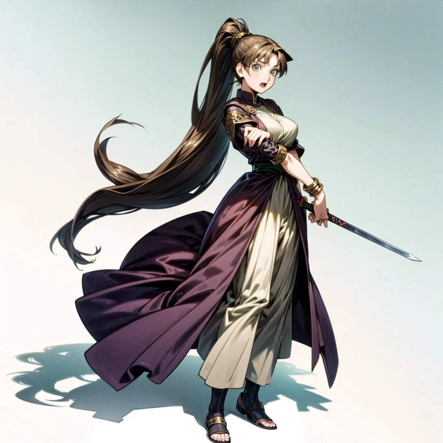 Solo character, full body version, young girl, very long hair, ponytail, brown color hair, green eyes, medieval, bohemian outfit, shoes, bracelet, full white background, standing gesture, open mouth, detailed shadow, very big breast, sword in hand, (Naruto style art, violet Evergrande style art)