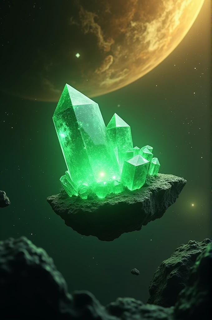 "Create an image of a glowing emerald green crystal floating in space, surrounded by swirling golden nebulae and distant stars. The crystal emits a soft green light that illuminates nearby asteroids and cosmic dust. In the background, a distant planet with emerald green oceans and golden continents can be seen, adding to the otherworldly atmosphere."