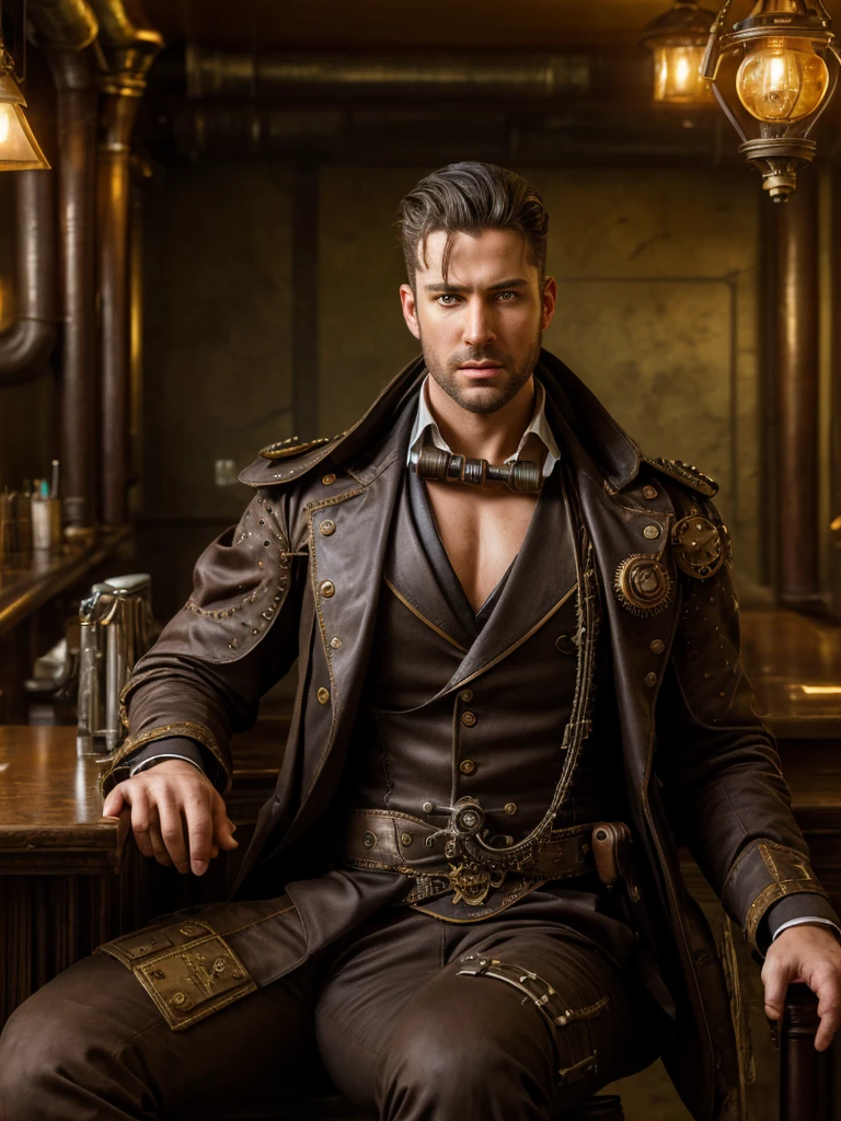 Realistic, masterpiece, Highest quality, Cinema Lighting, Natural Shadows, Highest detail, Professional photography, Detailed Background, Depth of written boundary, Insane Details, Complex, beautiful, Detailed face, Realistic hair, Realistic eyes, Muscular, Handsome photo (African), Steam 4RMOR, Wearing a steampunk suit, Sitting pose, Steampunk Fantasy Background, Drinking at the BAR、Eye patch