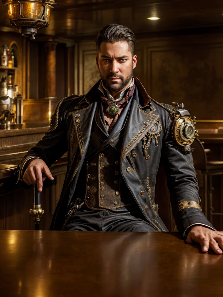 Realistic, masterpiece, Highest quality, Cinema Lighting, Natural Shadows, Highest detail, Professional photography, Detailed Background, Depth of written boundary, Insane Details, Complex, beautiful, Detailed face, Realistic hair, Realistic eyes, Muscular, Handsome photo (African), Steam 4RMOR, Wearing a steampunk suit, Sitting pose, Steampunk Fantasy Background, Drinking at the BAR、Eye patch