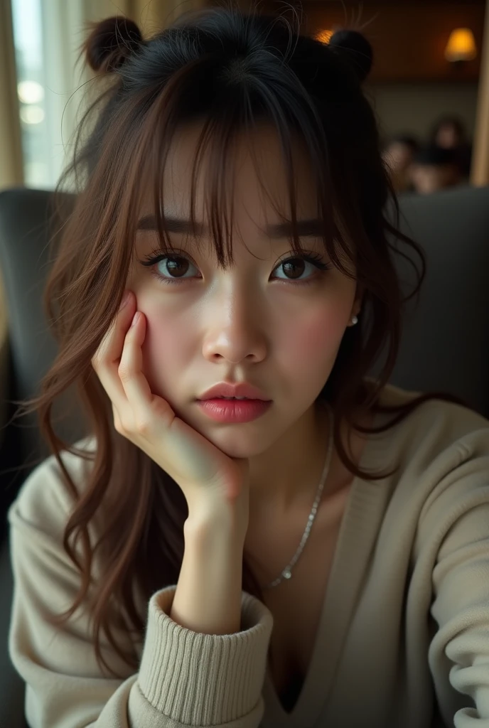 8k,Highest quality, masterpiece, Ultra-high resolution, (Realistic:1.4), RAW Photos, (Real skin texture:1.3), (Film Grain:1.3), (Selfie angle),One person, One-Pun Hairstyle, Brown Hair, Sitting, Chair, boredom, Hand supporting chin, Beautiful and detailed eyes and face,masterpiece, Highest quality,close,Upper Body,