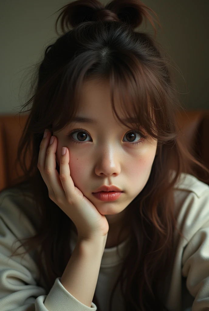 8k,Highest quality, masterpiece, Ultra-high resolution, (Realistic:1.4), RAW Photos, (Real skin texture:1.3), (Film Grain:1.3), (Selfie angle),One person, One-Pun Hairstyle, Brown Hair, Sitting, Chair, boredom, Hand supporting chin, Beautiful and detailed eyes and face,masterpiece, Highest quality,close,Upper Body,