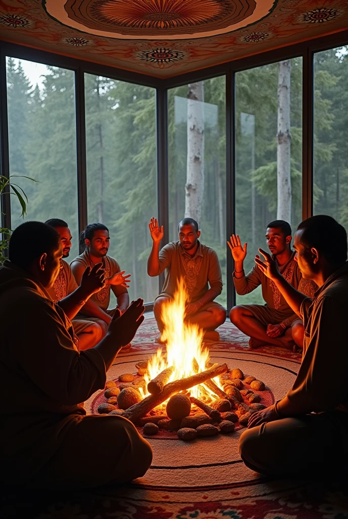 Photo with group of indigenous men and white men in clothes, away from the screen, blowing tobacco medicine with hands raised and around the campfire with ultra realistic vibrant colors in a closed place with glass sides with a view of the forest wider image without focusing too much on the face background with mandala