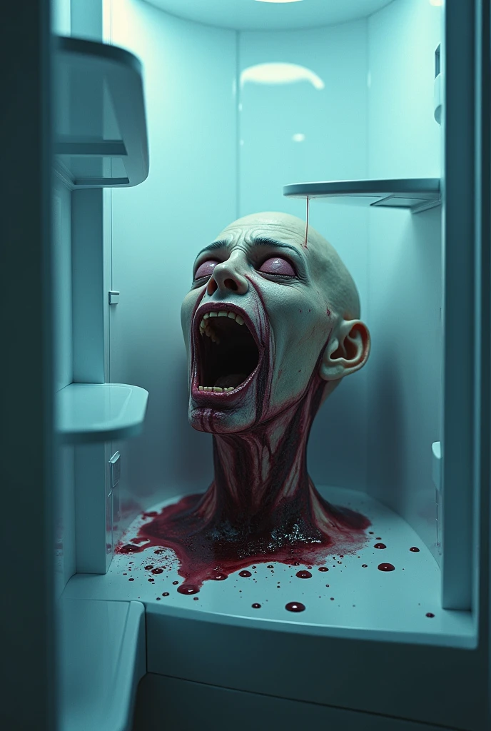 A bloody and gory decapitated head in the refrigerator, nightmare
