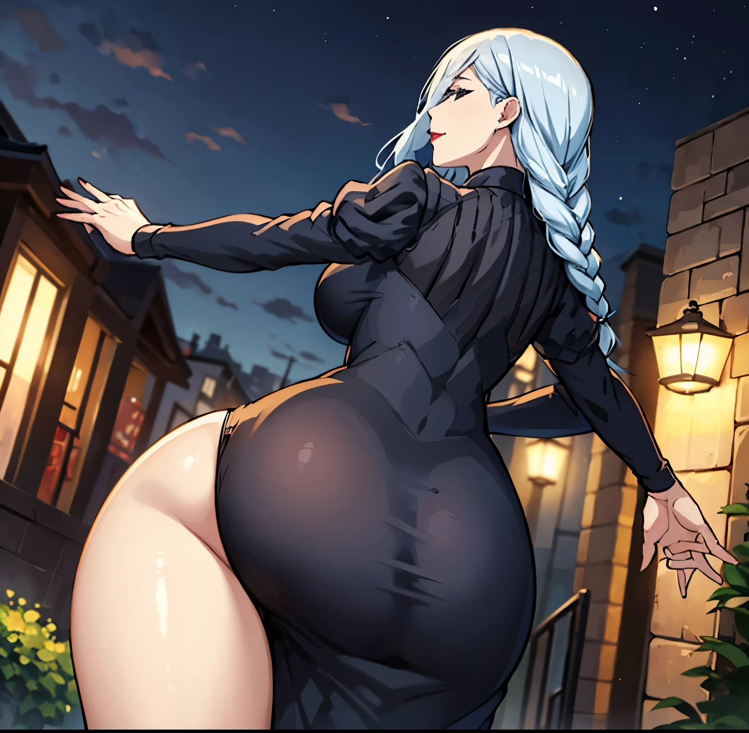 1 girl, alone, mei mei long hair, braid, hair over one eye, dress, smile, black dress, big breasts, medium waist, wide hips, wide thighs, round butt, long sleeves, braided bangs, big breasts, blue hair , braided ponytail, cowboy shot, makeup, red lips, gray hair, one eye covered, red lipstick, closed mouth, looking at viewer, looking back, from behind, focus on ass, point of view (from below), standing, black eyes, half-closed eyes, curves, wide hips, black lingerie, black bra with lace, black thong with lace, outdoors, night, sky, clouds, stars, street lights, lights, buildings, plants, bushes, (squint: 1.2), (squint: 1.2), break masterpiece, best quality, highly detailed background, perfect lighting, best quality ((glowing skin, glowing skin, detailed skin) ), perfect anatomy, perfect hands