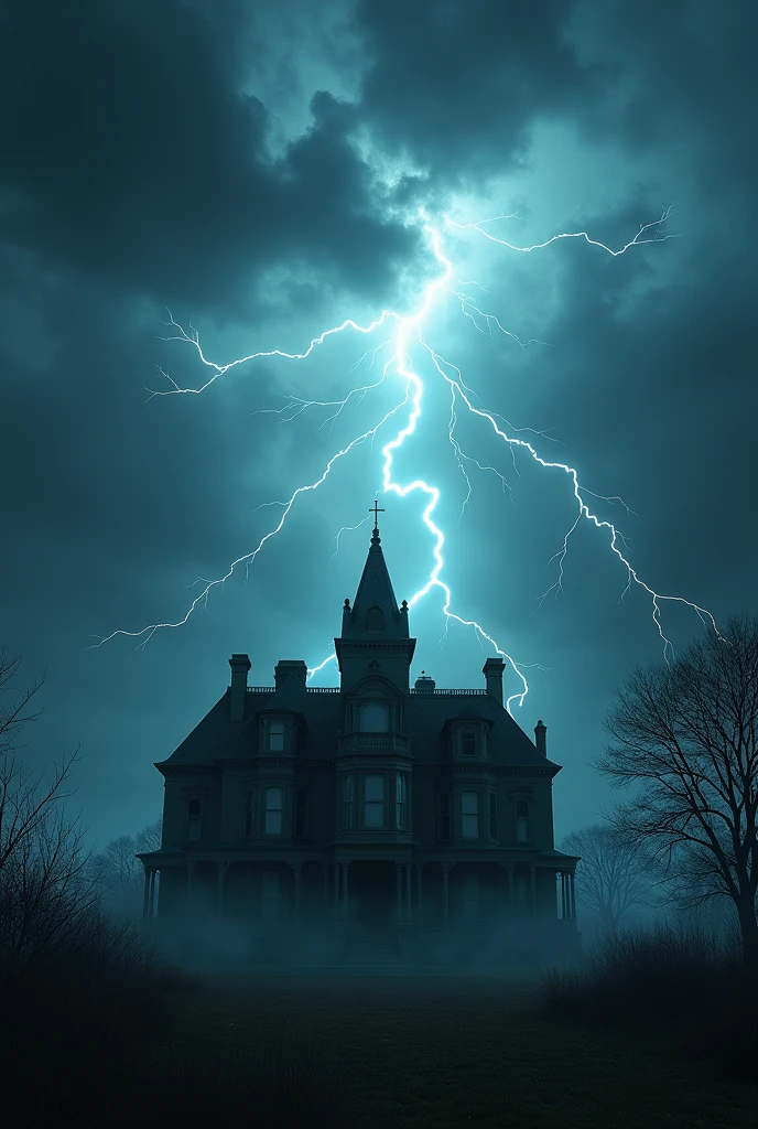 A Vision in the Sky,Unpredictable,Thunder and lightning,A stormy night,Exterior view of a mansion,unmanned,Movie quality,Movie storyboard,8k,Ultra-clear