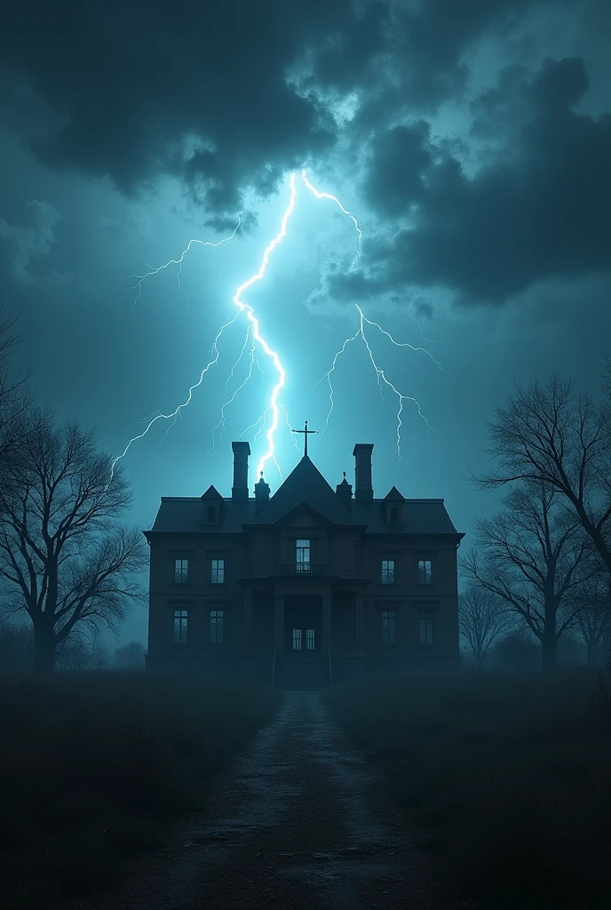 A Vision in the Sky，Unpredictable，Thunder and lightning，A stormy night，Exterior view of a mansion，unmanned，Movie quality，Movie storyboard，8k，Ultra-clear