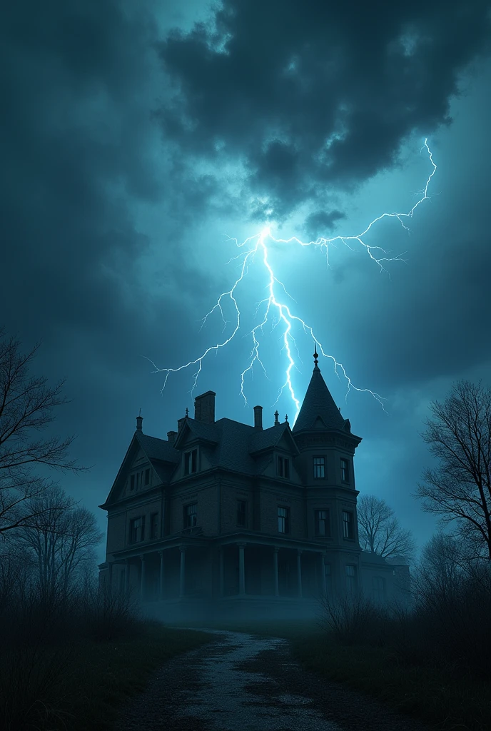 A Vision in the Sky,Unpredictable,Thunder and lightning,A stormy night,Exterior view of a mansion,unmanned,Movie quality,Movie storyboard,8k,Ultra-clear