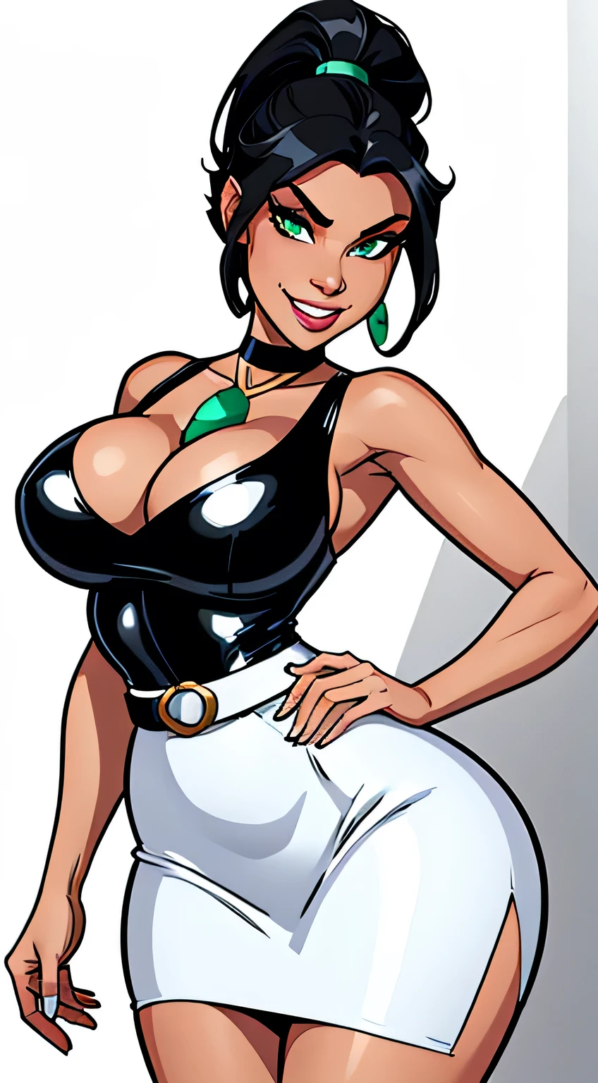 Thin woman (Elexis Sinclaire), 4K, beautiful smiling, seducing gaze, white v-neck top, White belt on black latex midi skirt, white peel split no color, black band around the neck with green jewel, black hair with ponytail, eyes browns, busty. comic style, white background.