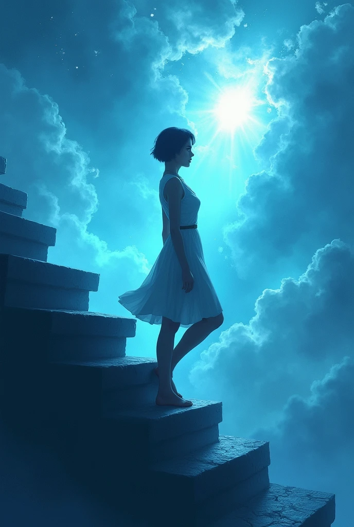 Silhouette of a short-haired woman climbing to heaven with the name Luz Dary that the woman be more adult the sky be blue and say Luz Dary climbing some stairs to heaven Redesign that the woman be more adult