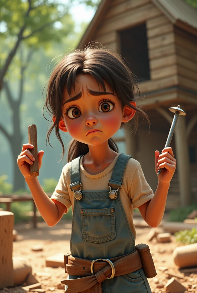 Challenges While Building:
Prompt: "The same young girl looking frustrated while holding a bent nail and a wobbly piece of wood. Nearby, there are scattered tools and construction materials, showing that the treehouse is still under construction. The background should include the partially built treehouse and a few supportive friends nearby."