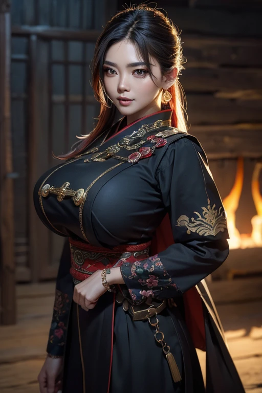 ((masterpiece, best quality, perfect eyes, perfect face, perfect anatomy, highly dramatic picture, cinematic lens effect, exquisite lighting ((feudal Korean village)), ((Busty Bitches)), 1girl(1 milf))) ecchi chibi girl(powerful influential woman, military stance, General military uniform,  bracelets, tattoo of dragons, colourful jewellery, dark magic, arrogant smile), (Night street in Asian village, bleak mist)