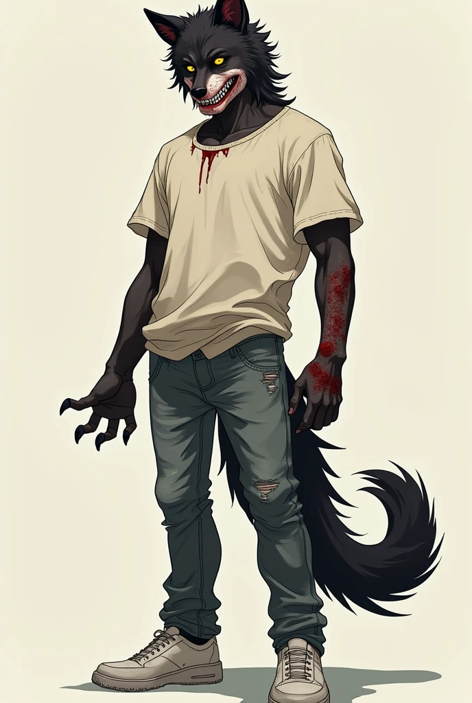 (masterpiece, best quality:1.2), (hyperdetailed face), (Super well-formed face), full body, solo, male focus, human, 1male, sharp teeth, brunette hair, yellow eyes, paw pose, off-white tshirt, worn out jeans, white sneakers, dog ears, dog tail, bloody nose, a bruise around eye, anime style