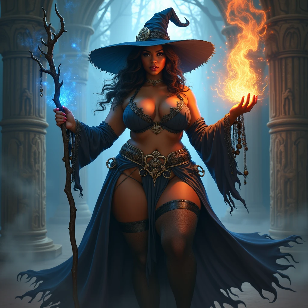Sorcerer, female, dark skinned, holding staff, casting magic, thick thighs, wide hips, large chest, revealing witch outfit, big witch hat, thigh highs