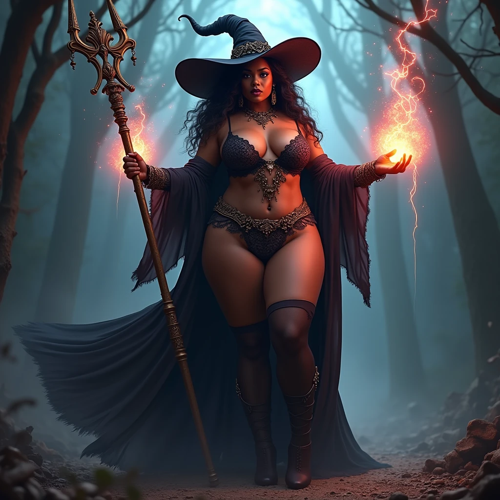 Sorcerer, female, dark skinned, holding staff, casting magic, thick thighs, wide hips, large chest, revealing witch outfit, big witch hat, thigh highs