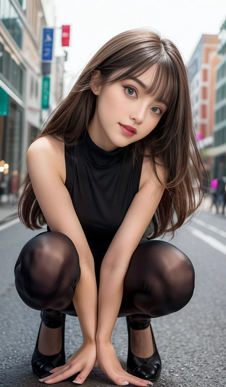 Angelique is very beautiful and cute.,
Beautiful and detailed,
Double eyelids with attention to detail,
(Big eyes:1.3),Long eyelashes,
See-through bangs,
(Beautiful and exquisite face and eyes:1.4),
Small Nose,
Small Mouth,
Beautiful long hair,
Show your teeth and smile happily,
(Highest quality:1.2),
RAW Photos,
High resolution,
Perfect detail,
Professional photography,
Professional Lighting,break (Full-body tights made from ultra-thin fabric:1.3) , thin, Super tight body tights,Squat with your legs wide apart,Beautiful legs, Strong lighting in bodysuit,In the city,Brown Hair,Too much exposed skin, Full body photo up to the toes, Protruding nipples