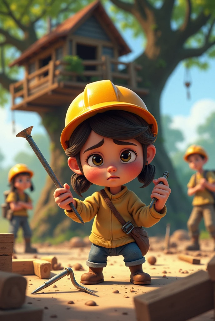 Challenges While Building:
Prompt: "The same young girl looking frustrated while holding a bent nail and a wobbly piece of wood. Nearby, there are scattered tools and construction materials, showing that the treehouse is still under construction. The background should include the partially built treehouse and a few supportive friends nearby."