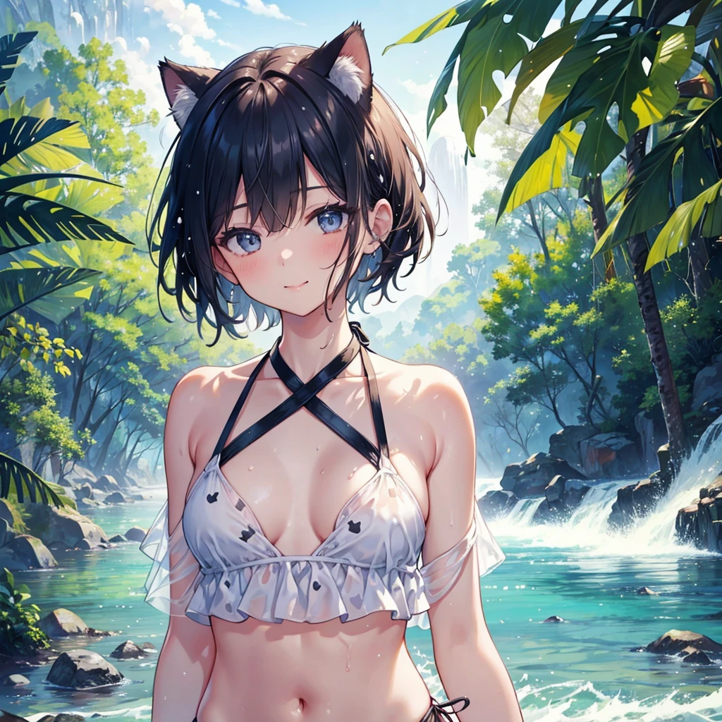 Top quality, detailed illustration, depth of field, blur, from below, river and trees in background, wind, ((water splash)), wet skin, wet hair, wet clothes, upper body, focus on lips, (1 adult female), small breasts, extra short hair, sparkling eyes, glossy lips, (mouth closed), model pose, slanted eyes, smiling, (front-tied halter bikini with cat pattern),