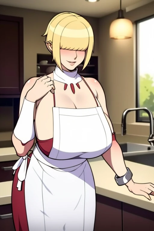 1 pretty boy,femboy, aprons,But nothing,white skinned,looking at viewert,Brown eyes,Realistis,at the kitchen,ssmile,low chest,huge tit