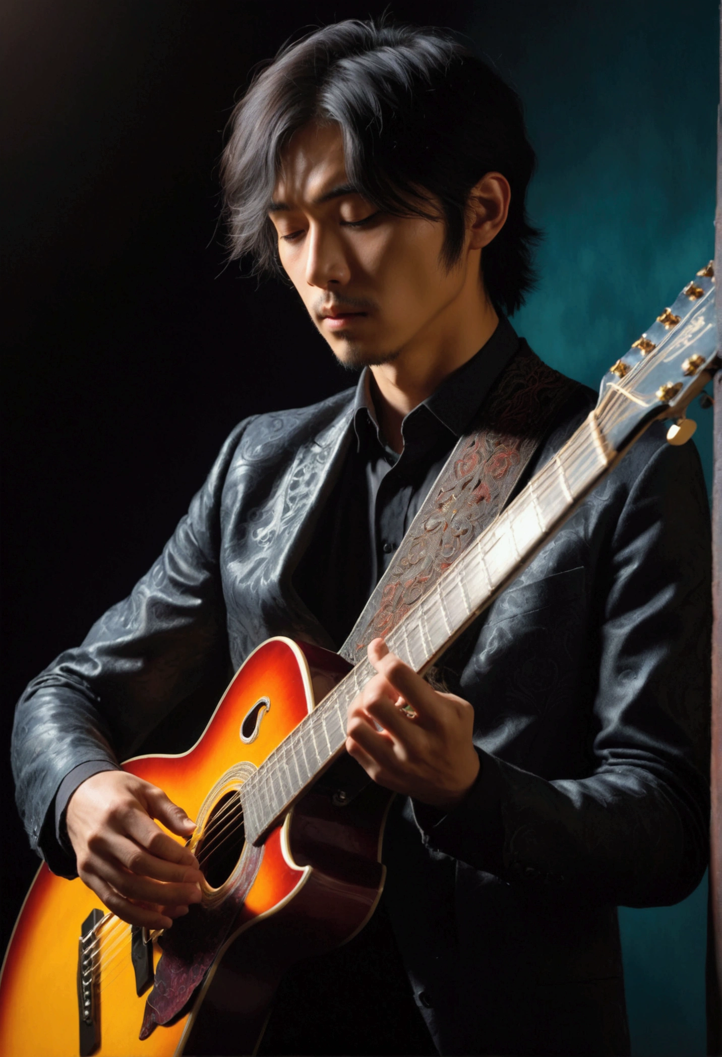 One person, guitarist, エレキギターを弾くguitarist, Detailed facial features, Intricate guitar details, Dramatic lighting, Gloomy atmosphere, Structure of the film, oil, Vibrant colors, Dramatic Shadows, Accomplished musician, intense expression, Dynamic pose, Studio settings, Professional Quality, masterpiece, Highest quality, so beautiful, Absurd