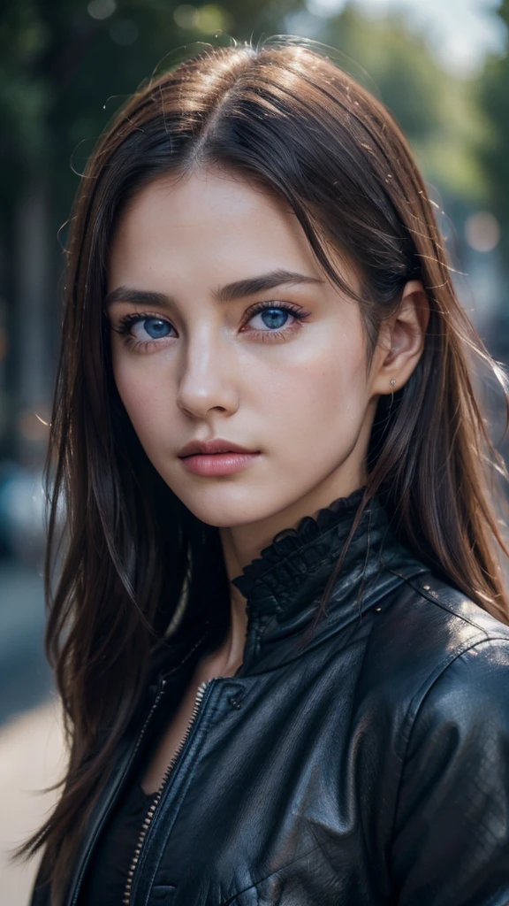 (black riders jacket:1.1), (masterpiece, best quality, pretty girl, beautiful face, 8k, raw photo, photorealistic, absurdres:1.2), s, cowboy shot, dutch angle, facelight, film grain, chromatic aberration, highres, ultra detailed, finely detail, light blue frilled lace dress, detailed skin and eyes and face, sharp pupils, realistic pupils, sharp focus, street