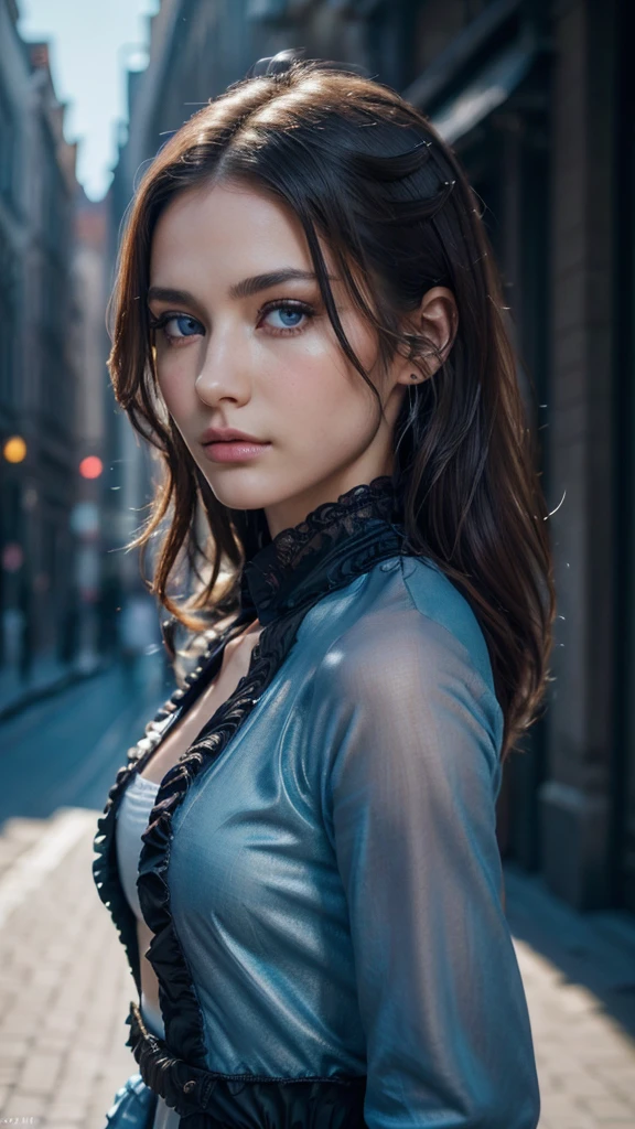 (black riders jacket:1.1), (masterpiece, best quality, pretty girl, beautiful face, 8k, raw photo, photorealistic, absurdres:1.2), teens, cowboy shot, dutch angle, facelight, film grain, chromatic aberration, highres, ultra detailed, finely detail, light blue frilled lace dress, detailed skin and eyes and face, sharp pupils, realistic pupils, sharp focus, street