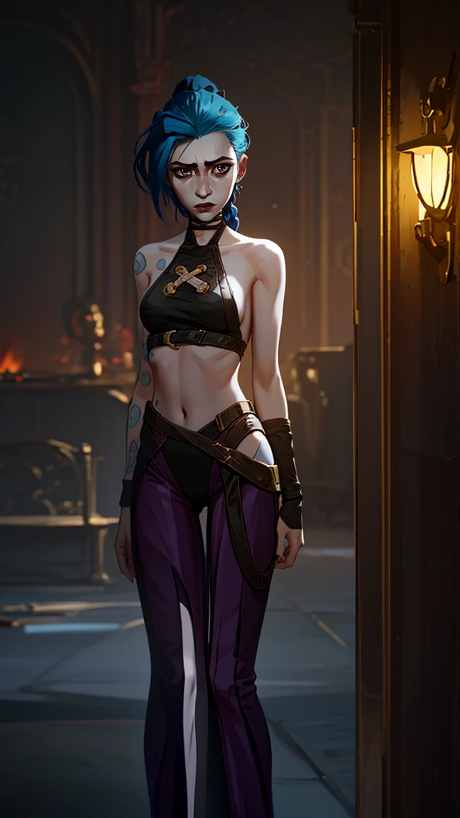 (masterpiece, Best quality), 1 girl, crying, portrait, very sexy, full length (full body 1.1.), очень feminine, bare chest, beautiful waist, gloomy composition, flame, fire, Flash, very beautiful, feminine, long hair, hair braided in long braids, very sexy, emphasis on the eyes, face accent, Beautiful face, Hands, Hair, Haired ponytail, tie ,red purple eyes, Джинкс crying, Blue cloud tattoo, (masterpiece, Best quality), Side lighting, beautiful detailed eyes, crazy face), (Best quality), (masterpiece), magic photography, Spectacular lighting, Photorealism, ultra detailed, интимная portraitная композиция, 1. 4,8 k UHD, aesthetic, Cd., A high resolution, 8 k, better lighting, Best shade, Ultra-HD, A high resolution, sharp focus, complex background, Cinematic lighting, ((Landscape view)), 4K block, (better lighting), ((Cinematic lighting)),