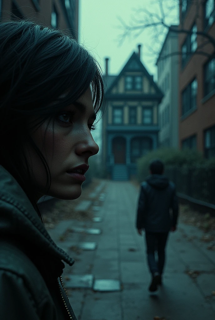 Close up of a person on a sidewalk looking at a house, nightmare
