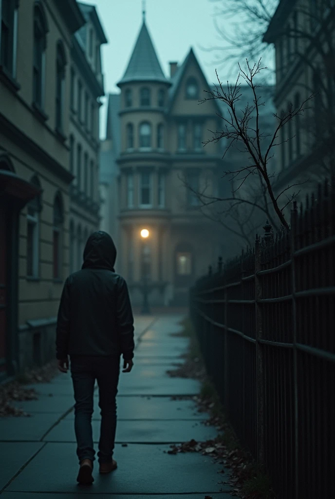 Close up of a person on a sidewalk looking at a house, nightmare