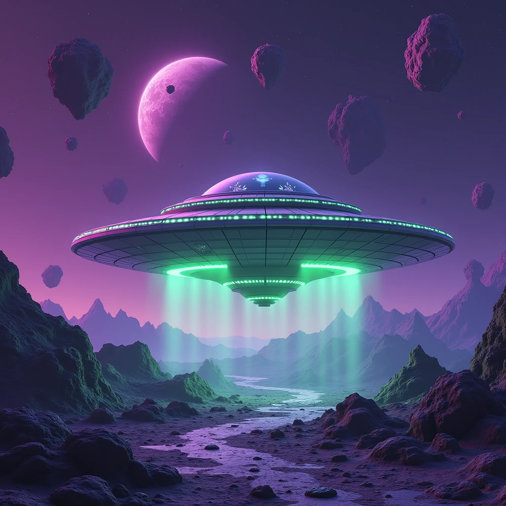 Outer space with neon green and violet tones, UFO , some asteroids shaped like weed buds