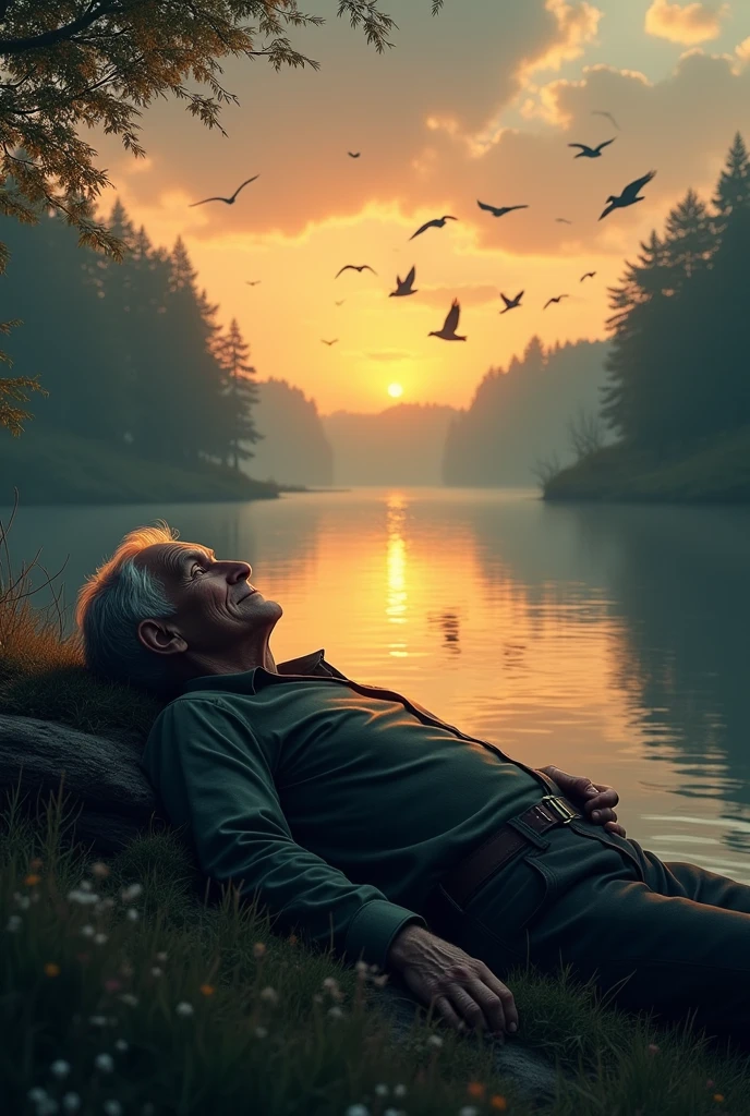 Flying birds river sunset dying man