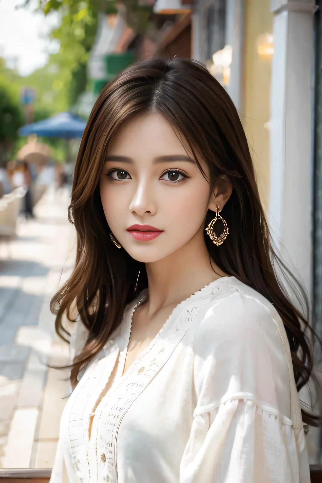 masterpiece, Highest quality, Realistic, Very detailed, Finer details, High resolution, 8k wallpaper, One beautiful woman,Wear a nice blouse, On the terrace of a lovely cafe, at noon, Light brown messy hair, Perfect dynamic composition, Beautiful and beautiful eyes、Big earrings、