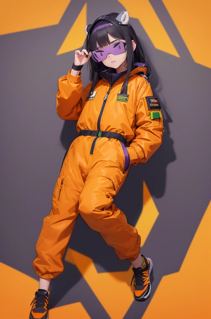 full body image, (ultra detailed,ultra high resolution,detailed background),((2d)),((flat color)),((dull color)), 1SOLO, looking at the viewer, baggy flight suit, oversized bomber jacket with sheepskin collar, (yellow, violet, cian, green, orange:1.3), plush collar, full body image, use VR glasses, ((Baron&#39;s Desert Intricut Fund)), ((apocalyptic city)), full body in frame, ((drone next to her))