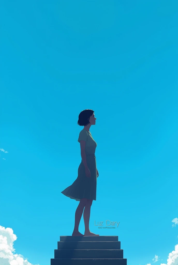 Silhouette of a short-haired woman climbing to heaven with the name Luz Dary that the woman be more adult the sky be blue and say Luz Dary climbing some stairs to heaven Redesign that she be the most adult woman redesign that she be an older adult