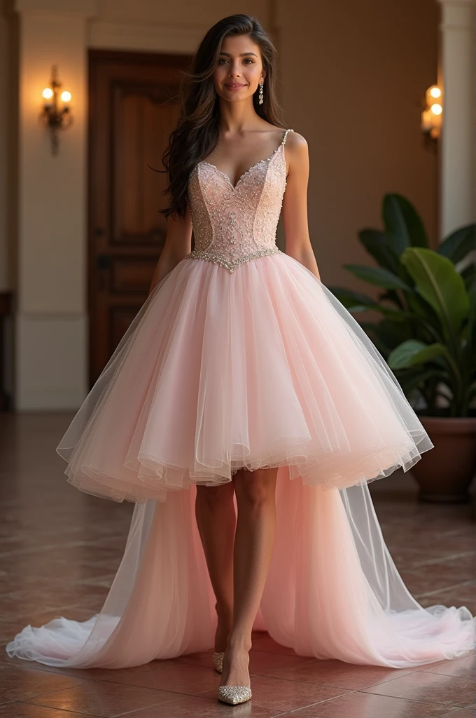 Short quinceanera dress with train at front
