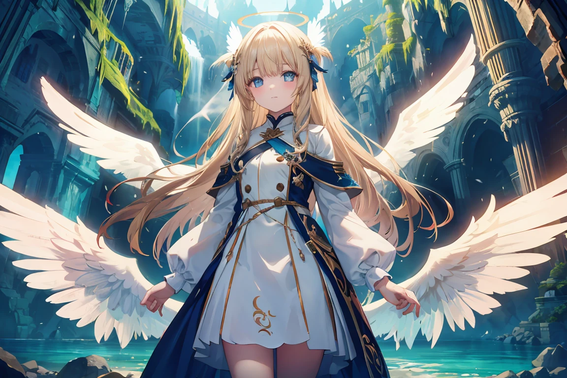 light brown long hair, straight hair, bangs, halo, perfect eyes, soft light, high quality, 4k resolution, ((angel)), ((An angel with wings on her back)), an angel descending from the sky, feathers scattered in the background, light shining, swan wings, swan feathers, blue cave in Italy, Blue Grotto (Capri)