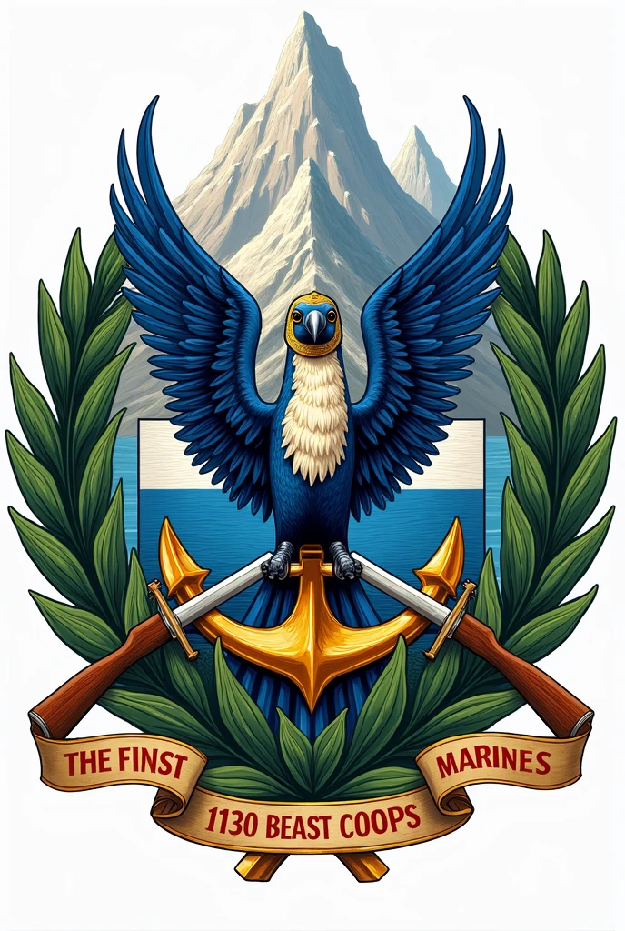 Coat of Arms of the Guatemalan Marine Corps, with a quetzal, An anchor, The flag of Guatemala, three volcanoes, laurels, two sabers, a coast guard and two crossed rifles