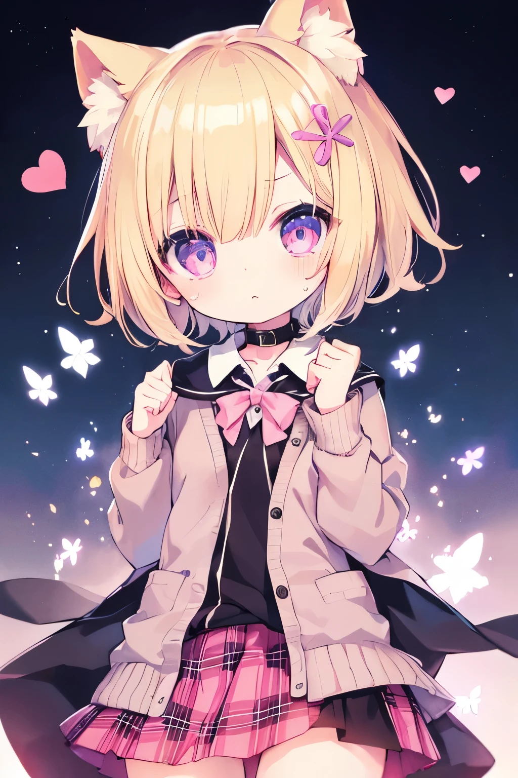 Blonde cardigan、Pink plaid skirt、Putting on a collar、Elementary school girl、platinum blonde short cut,Very beautiful and Shining Eyes、Shining Eyes、1 person、Cat ear、(((((Small body)))))、heart❤、((Sweat、vapor)）