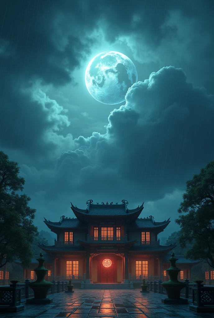 A Vision in the Sky,Unpredictable,Thunder and lightning,A stormy night,Exterior view of a wealthy Chinese-style ancient house,unmanned,Movie quality,Movie storyboard,8k,Ultra-clear