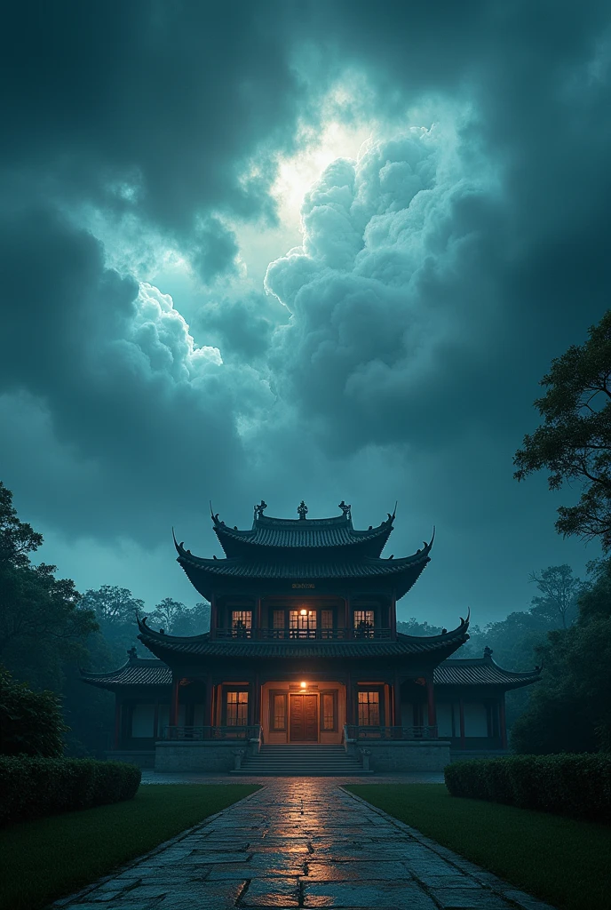 A Vision in the Sky,Unpredictable,Thunder and lightning,A stormy night,Exterior view of a wealthy Chinese-style ancient house,unmanned,Movie quality,Movie storyboard,8k,Ultra-clear