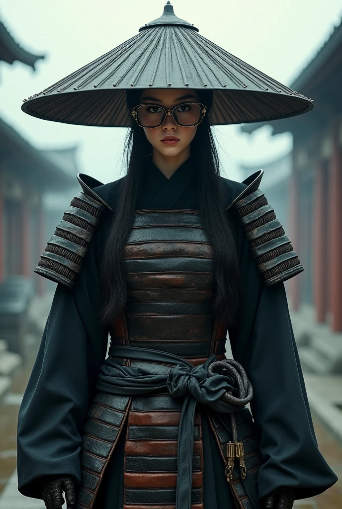 Woman in samurai costume, long hat and glasses