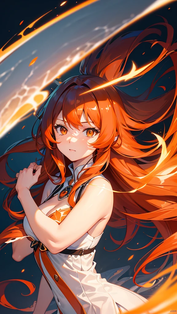 : (Dynamic angle), ultra-detailed, illustration, close-up, straight on, 1girl, ((long auburn hair, single fiery orange tail:1.4, glowing presence)), Her sharp yet gentle eyes shine softly