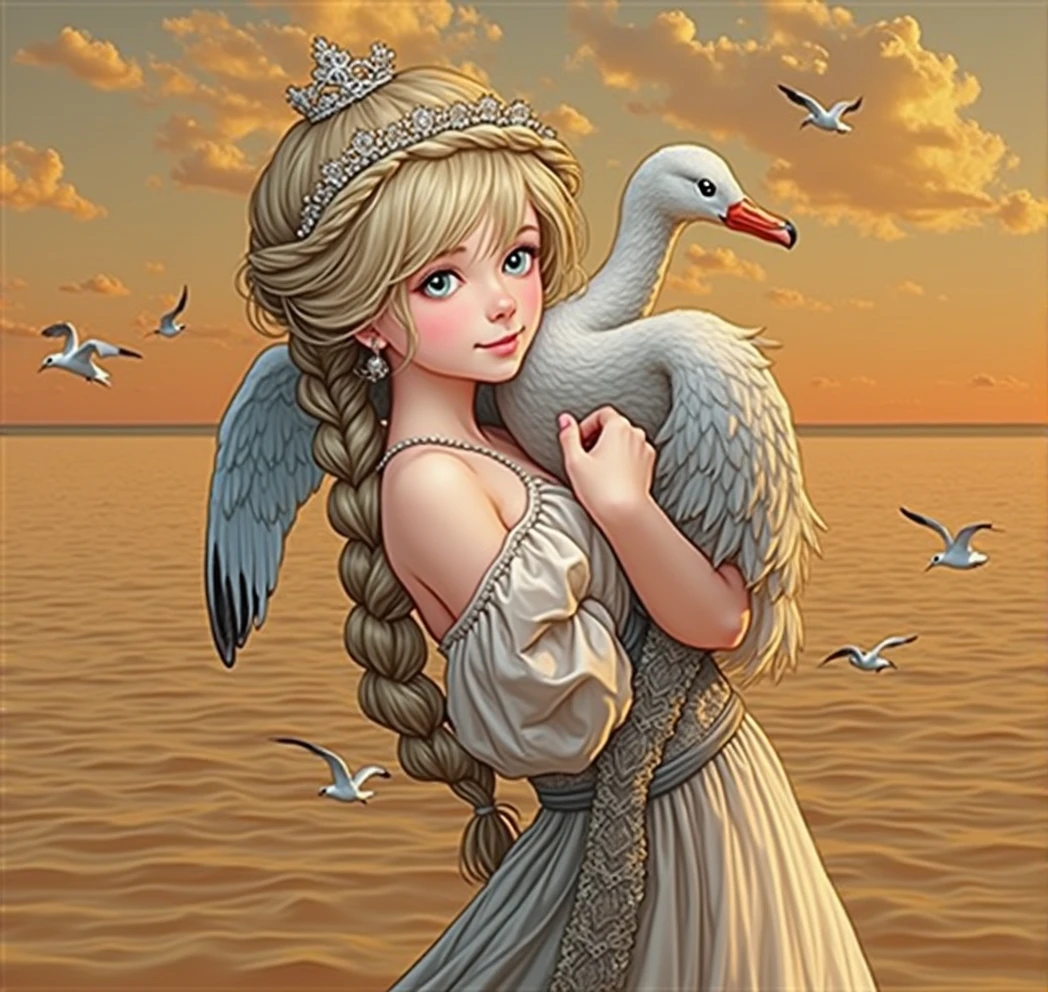 ,((best quality))),8K,((masterpiece)),(Extremely exquisite and beautiful), A girl came out of the sea, The Swan Princess in Russian Mythology, Beautiful calm face, blue eyes, Long Blonde Braid, Moon braid hair behind the head, Dressed in white shiny old Russian costume,Wearing the Kokoshnik crown, Affectionate gaze, Half a smile, A gentle expression on his face, Background with sea view and sunshine, Seagulls in the sky, full length, realism