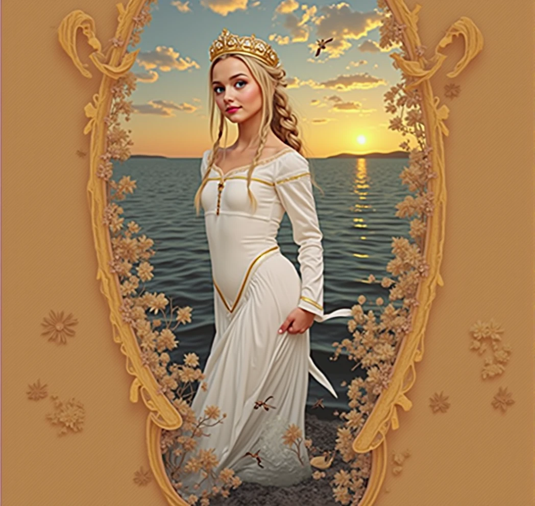 ,((best quality))),8K,((masterpiece)),(Extremely exquisite and beautiful), A girl came out of the sea, The Swan Princess in Russian Mythology, Beautiful calm face, blue eyes, Long Blonde Braid, Moon braid hair behind the head, Dressed in white shiny old Russian costume，Wearing the Kokoshnik crown, Affectionate gaze, Half a smile, A gentle expression on his face, Background with sea view and sunshine, Seagulls in the sky, full length, realism