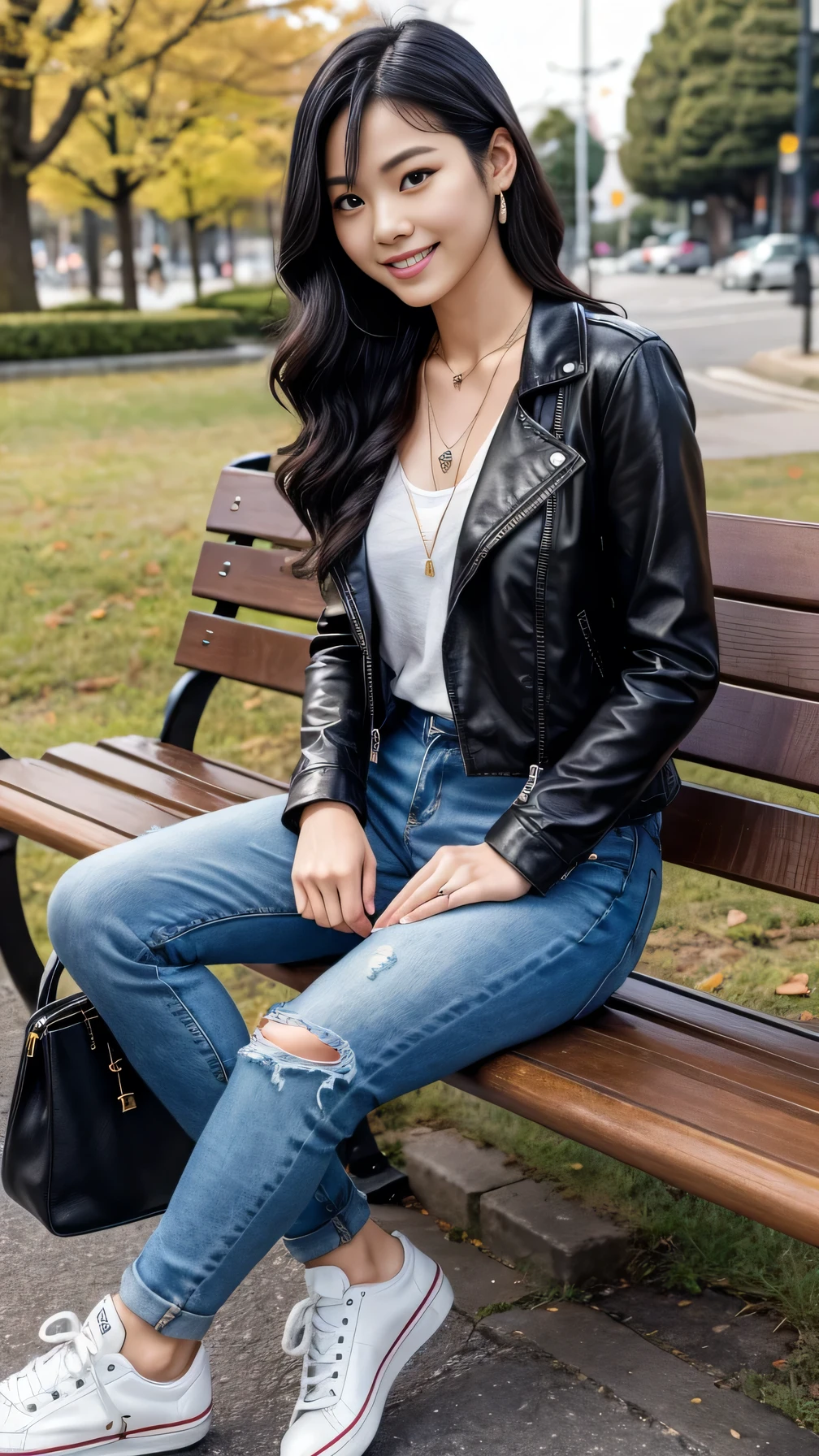 Super Resolution、Beautiful Japanese Women、Full body photo、sitting on a park bench、Black Hair、hairstyle semi long、Wavy Hair、ear piercing、necklace、leather jacket、shirt、Skinny jeans、sneakers、Closed mouth smile、