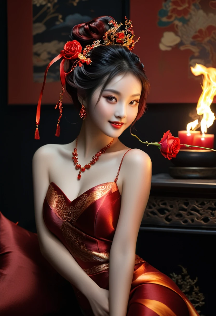 Hyperrealistic photography,Chinese Beauty,
Attractive haiery copper curls,Sideways glance,With fire in his eyes,Black shenyi,Every move stands out,Inviting atmosphere,Smoky room background,Reclining on a silk sofa,Black Jade Hairpin,Onyx necklace,Exquisite headdress,Red on the ears,Incense in the air,Seductive pout in dim light,at midnight,Red Ribbon Loose Bun,Three-quarter sleeves,The outline of her figure,Watermark,A teasing smile,Holding a long-stemmed rose,Hanging sleeves,Jeweled Package,Loose waterfall hair,Shadows are dancing,Genre painting,Her body is charmingly twisted,The glow of embers,Ultra-clear,4K