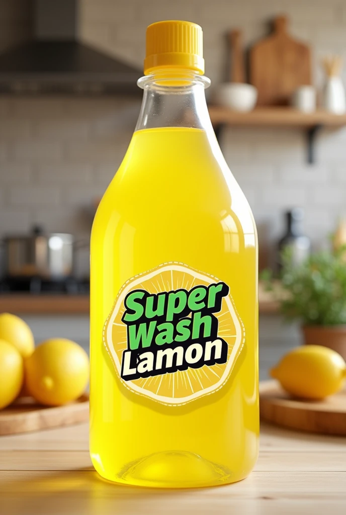 Super wash DISHWASH logo on lamon DISHWASH yellow transparent liquid bottle lamon background kitchen
DISHWASH