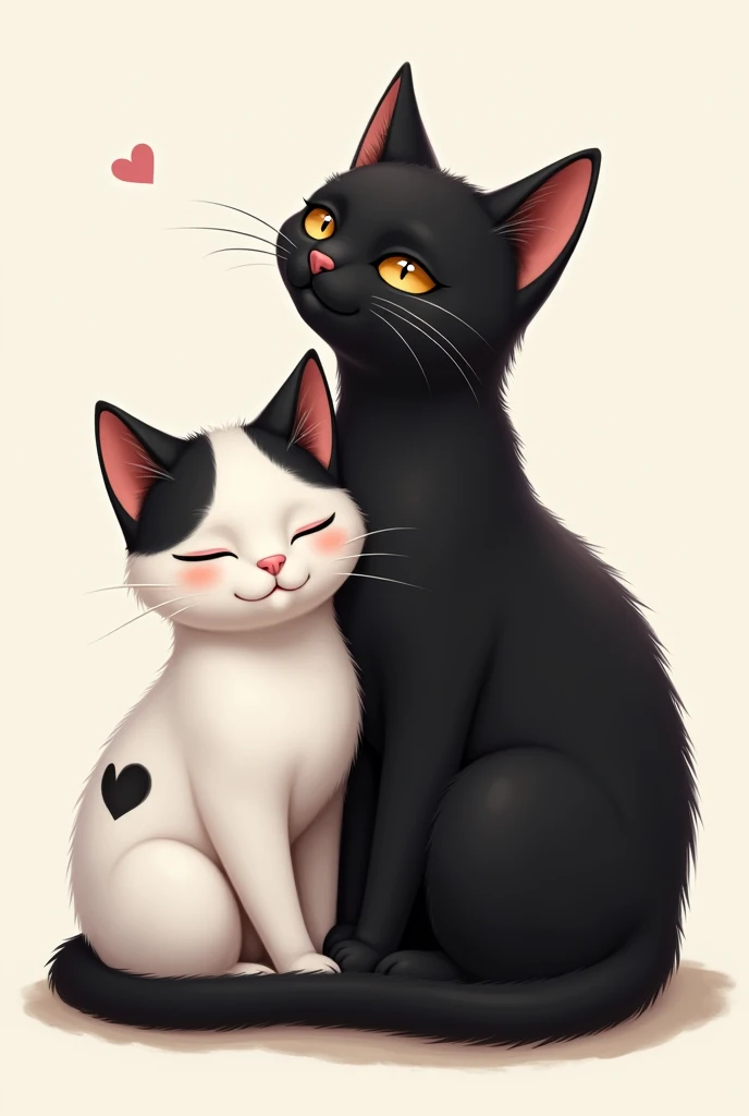 Create two cats together, one all black and one small white Mos with a black spot on its ears and forehead and a heart-shaped spot on its side. 